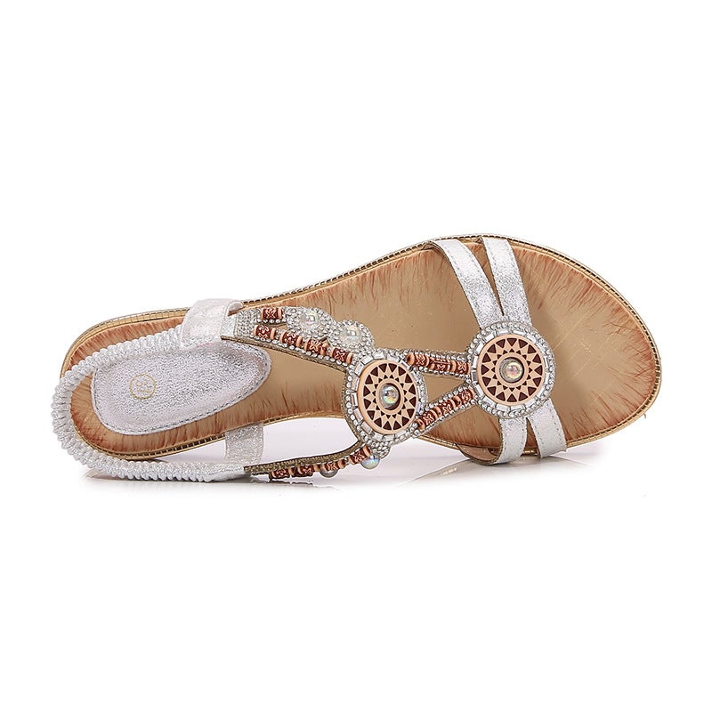 2025 Spring New Bohemian Sandals Round Toe Flat Sandals Women''s Rhinestone Large Size Women''s Sandals - Image 5