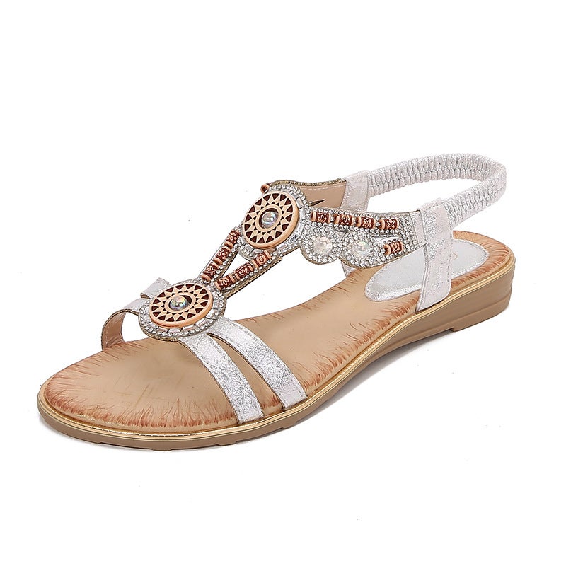2025 Spring New Bohemian Sandals Round Toe Flat Sandals Women''s Rhinestone Large Size Women''s Sandals - Image 3