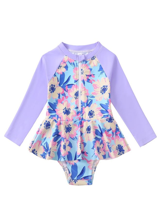 Mioglrie 2t Girls Swimsuit Little Girl Long Sleeve 1 Piece Attractive Bathing Suit Adorable Zipper Rash Guard Quick Drying Swimwear Summer Beach Purple - Image 1