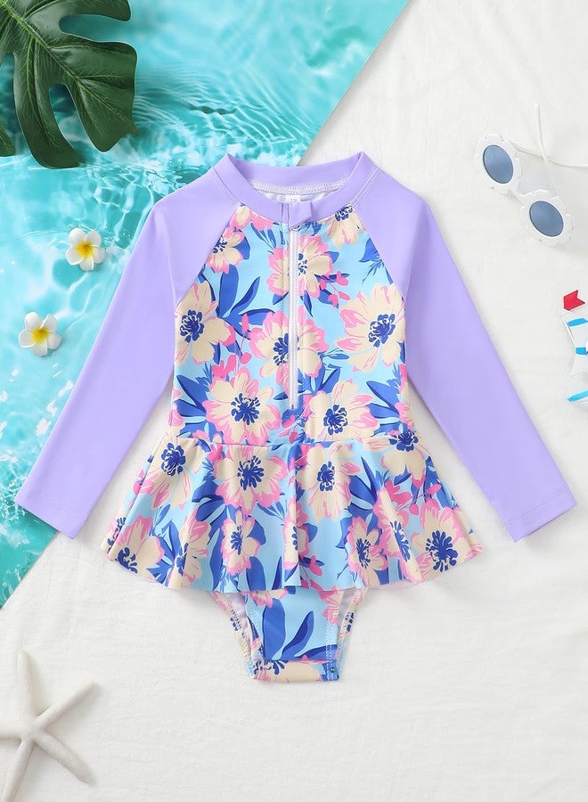 Mioglrie 2t Girls Swimsuit Little Girl Long Sleeve 1 Piece Attractive Bathing Suit Adorable Zipper Rash Guard Quick Drying Swimwear Summer Beach Purple - Image 3
