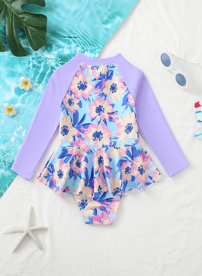 Mioglrie 2t Girls Swimsuit Little Girl Long Sleeve 1 Piece Attractive Bathing Suit Adorable Zipper Rash Guard Quick Drying Swimwear Summer Beach Purple - Image 2