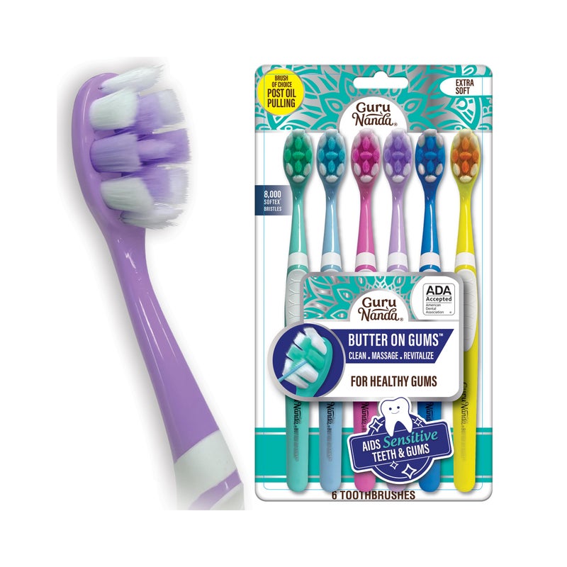 GuruNanda Butter On Gums Toothbrush ADA Accepted With 8000 Ultra Soft Softex Bristles for Sensitive Receding Gums Perfect for Whiter Teeth 6 Ct