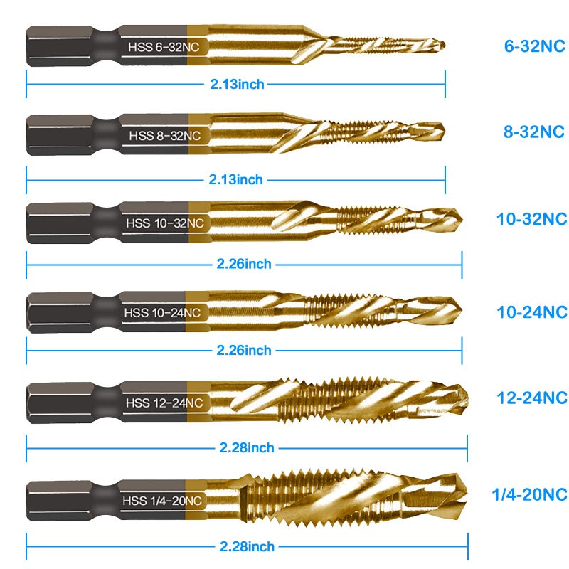 DKIBBITH 6 Packs Titanium Combination Drill & Taps Bit Set SAE 6-32nc 8-32nc 10-32nc 10-24nc 12-24nc 1/4-20nc. - Image 2