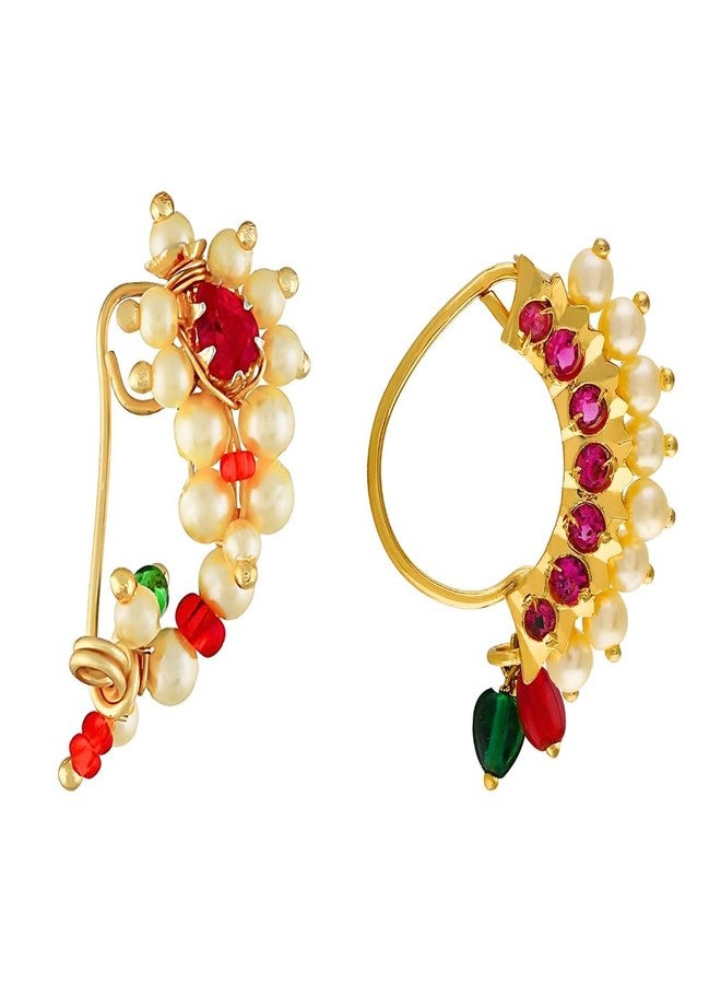 Vail Creations Small Size Traditional Maharashtrian Nose ring for women without piercing Pearl Gold Plated Nath Clip On Nose Ring For Girls (Pack of 2) - Image 1