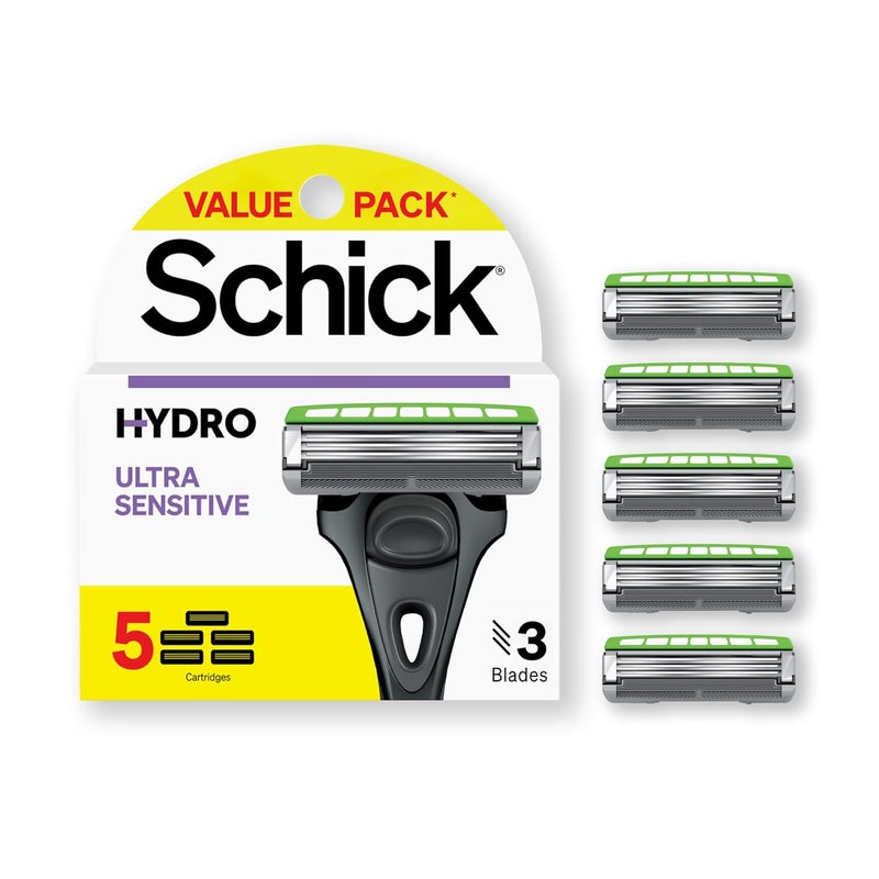 Schick Hydro Ultra Sensitive Razor Refills 5ct  Razor Blades Refills Razor Blades for Men Shaving Blades for Men Hydro Razor Blades Refill 3 Blade Razor Heads 5 Refills