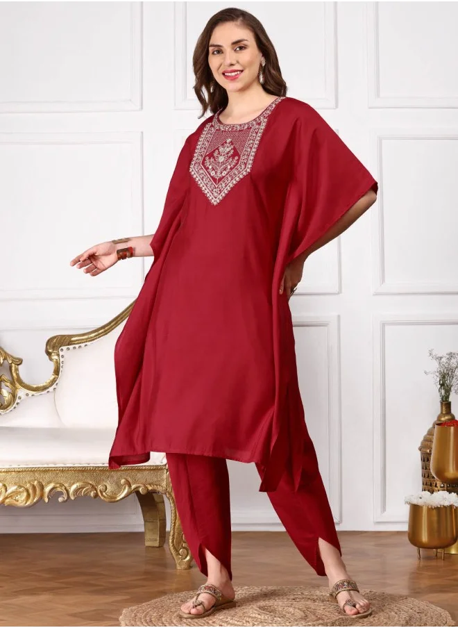 آي شين Kaftan Fit Yoke Design Pattern Round Neck Three-Quarter Sleeves Red Colour Knitted Cotton Kurta Set for Women with Semi Elastic Closure - Unmatched Grace and Comfort