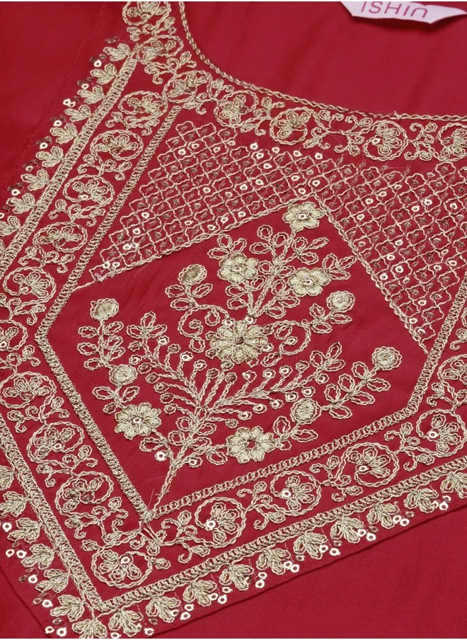 آي شين Kaftan Fit Yoke Design Pattern Round Neck Three-Quarter Sleeves Red Colour Knitted Cotton Kurta Set for Women with Semi Elastic Closure - Unmatched Grace and Comfort