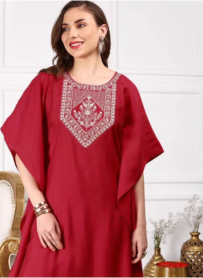 آي شين Kaftan Fit Yoke Design Pattern Round Neck Three-Quarter Sleeves Red Colour Knitted Cotton Kurta Set for Women with Semi Elastic Closure - Unmatched Grace and Comfort