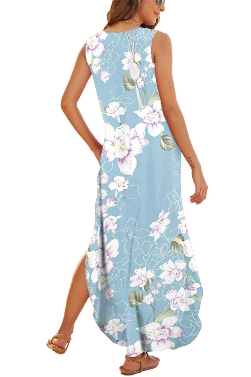 Hount Cute Summer Dresses for Women 2026 Casual Summer Sleeveless Side Split Beach Long Dresses Flower Light Blue M - Image 3
