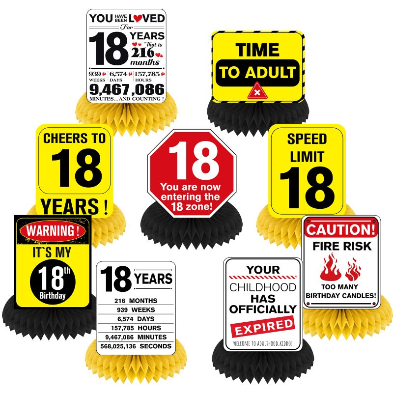 Woosytoo Funny 18th Birthday Decorations 9Pcs 18th Birthday Honeycomb Centerpieces for Teens 18 Years Old Party Decor Cheers to 18 Years Party Banner Table Topper Caution Logos Sign for Boys Girls - Image 3