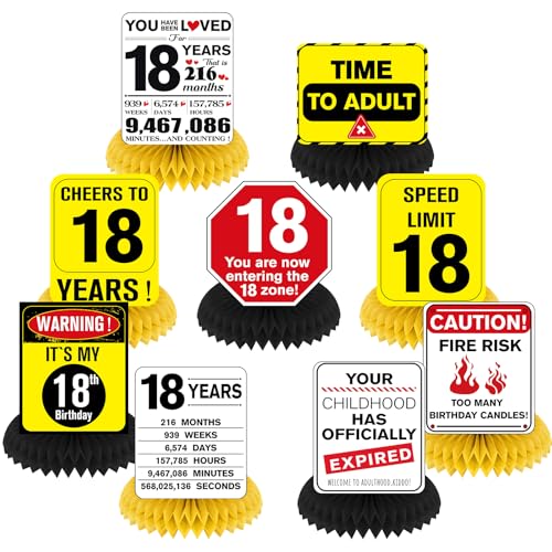 Woosytoo Funny 18th Birthday Decorations 9Pcs 18th Birthday Honeycomb Centerpieces for Teens 18 Years Old Party Decor Cheers to 18 Years Party Banner Table Topper Caution Logos Sign for Boys Girls - Image 1