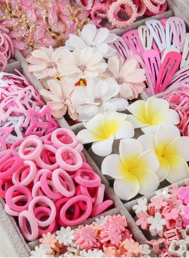 صندوق إكسسوارات شعر وردي بـ 10 حجرات – مجموعة 870 قطعة لتصفيف الشعر بأناقة - Image 5