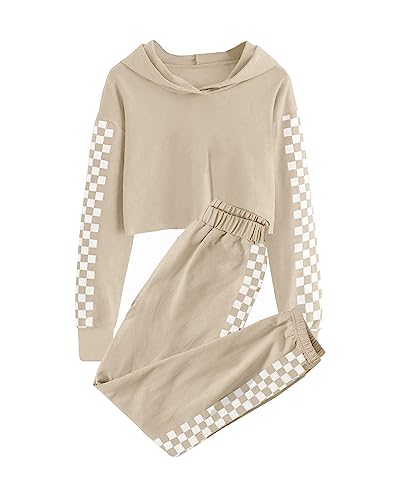 Meikulo Crop Tops for Teen Girls Hoodies Two Piece Outfits Tracksuit Activewear Kids Cute Long Sleeve Sweatshirts Sweatpants Beige, 9-10 Years - Image 1