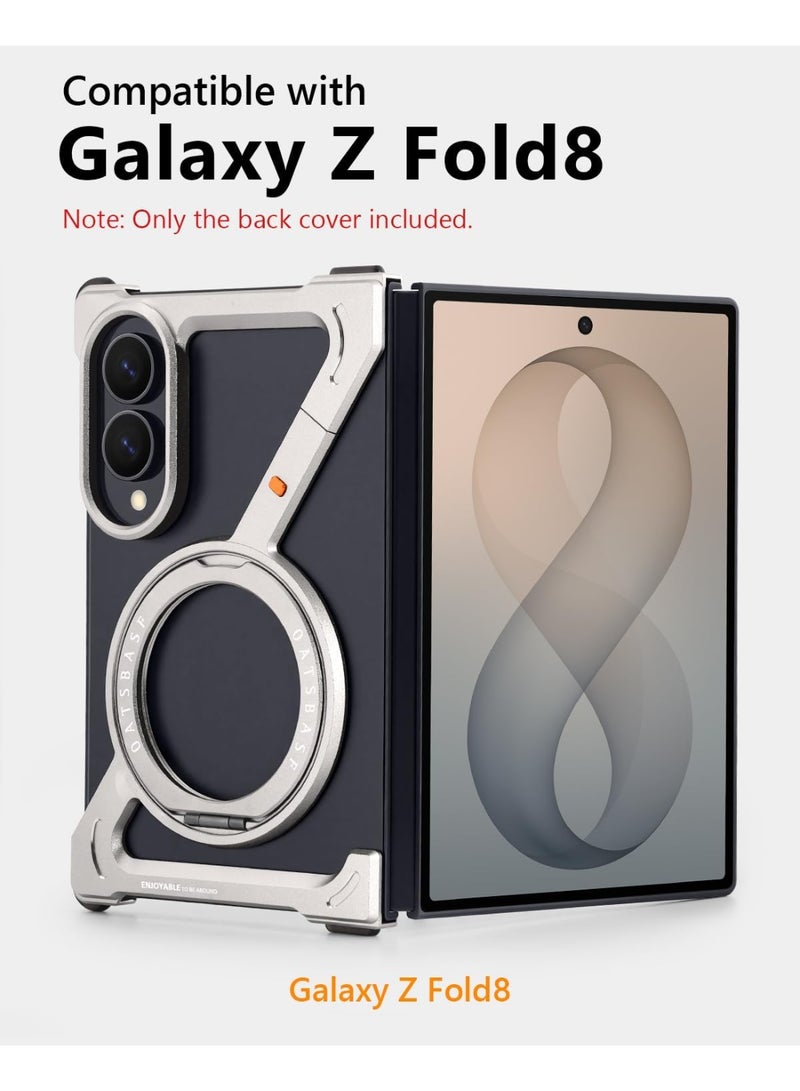 أوتس باسف جراب لهاتف Samsung Galaxy Z Fold 8، مزود بحامل قابل للدوران بزاوية 360 درجة وإطار معدني من الألومنيوم بتصميم مفتوح (بدون إطار خلفي)، لون التيتانيوم الطبيعي. - Image 2