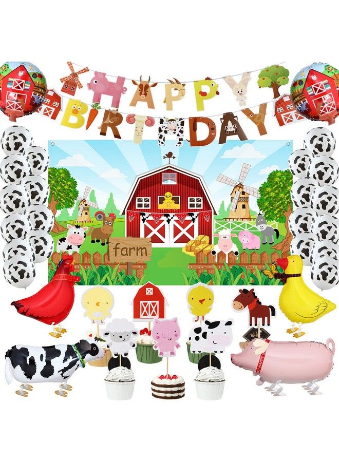 Sumind Farm Birthday Party Decorations Supplies Farm Animals Barn Backdrop Banner Farm Animals Walking Balloons Cupcake Toppers Set For Kids Farm Animals Cow Theme Party Supplies - Image 2