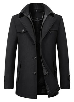 Loquat Men's Woolen Casual Coat Slim Fit Double Collar Jacket Overcoat with Pockets Black  - Image 1