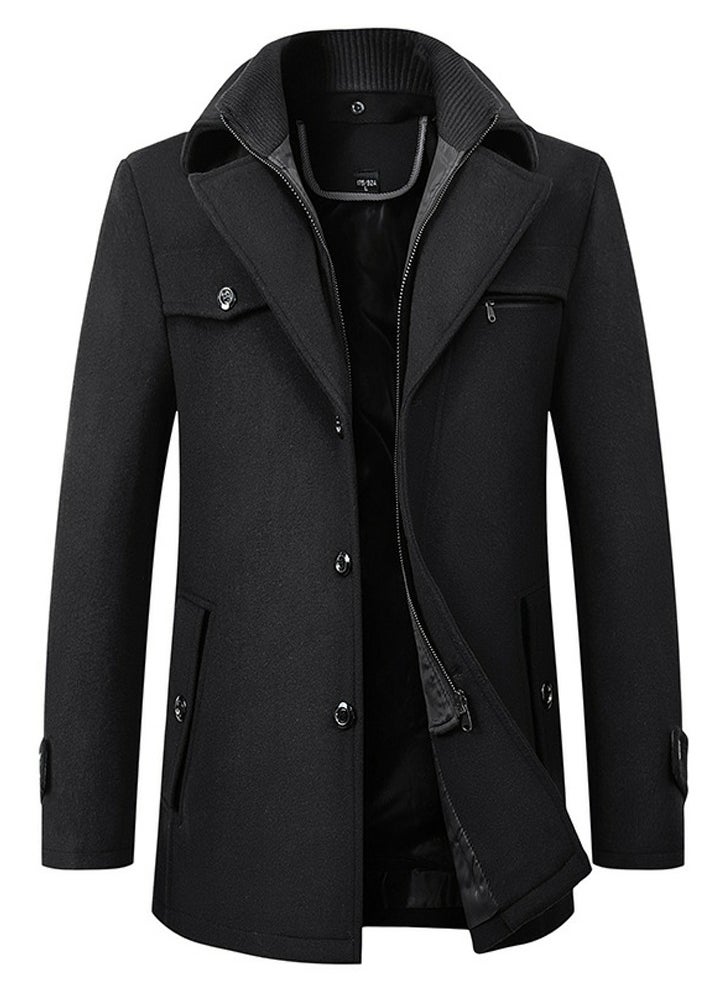 Loquat Men's Woolen Casual Coat Slim Fit Double Collar Jacket Overcoat with Pockets Black  - Image 1