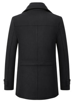 Loquat Men's Woolen Casual Coat Slim Fit Double Collar Jacket Overcoat with Pockets Black  - Image 2