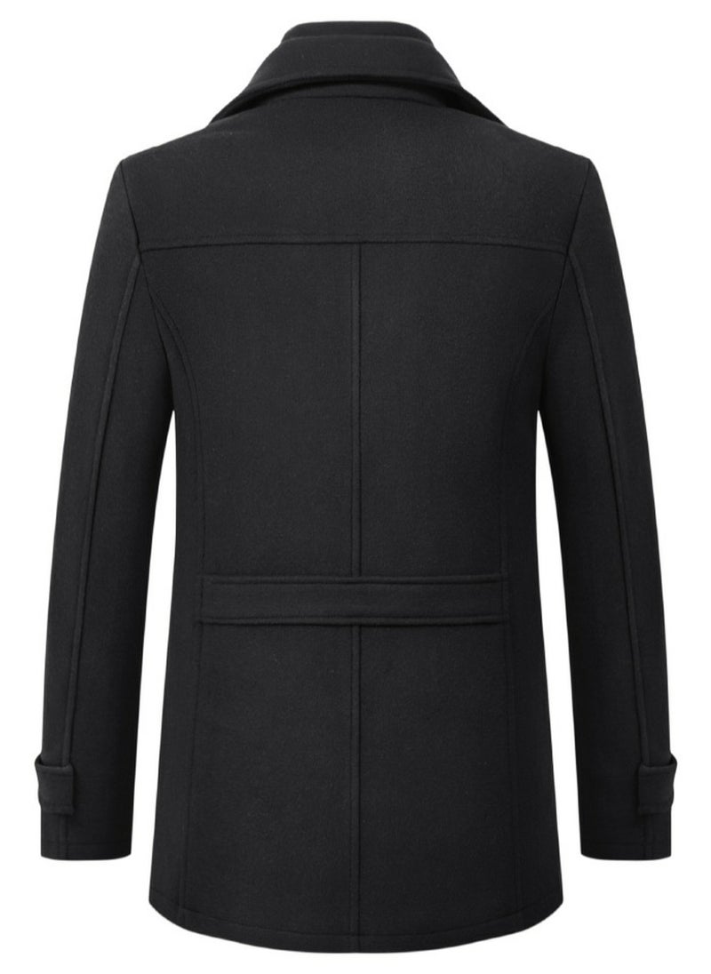 Loquat Men's Woolen Casual Coat Slim Fit Double Collar Jacket Overcoat with Pockets Black  - Image 2