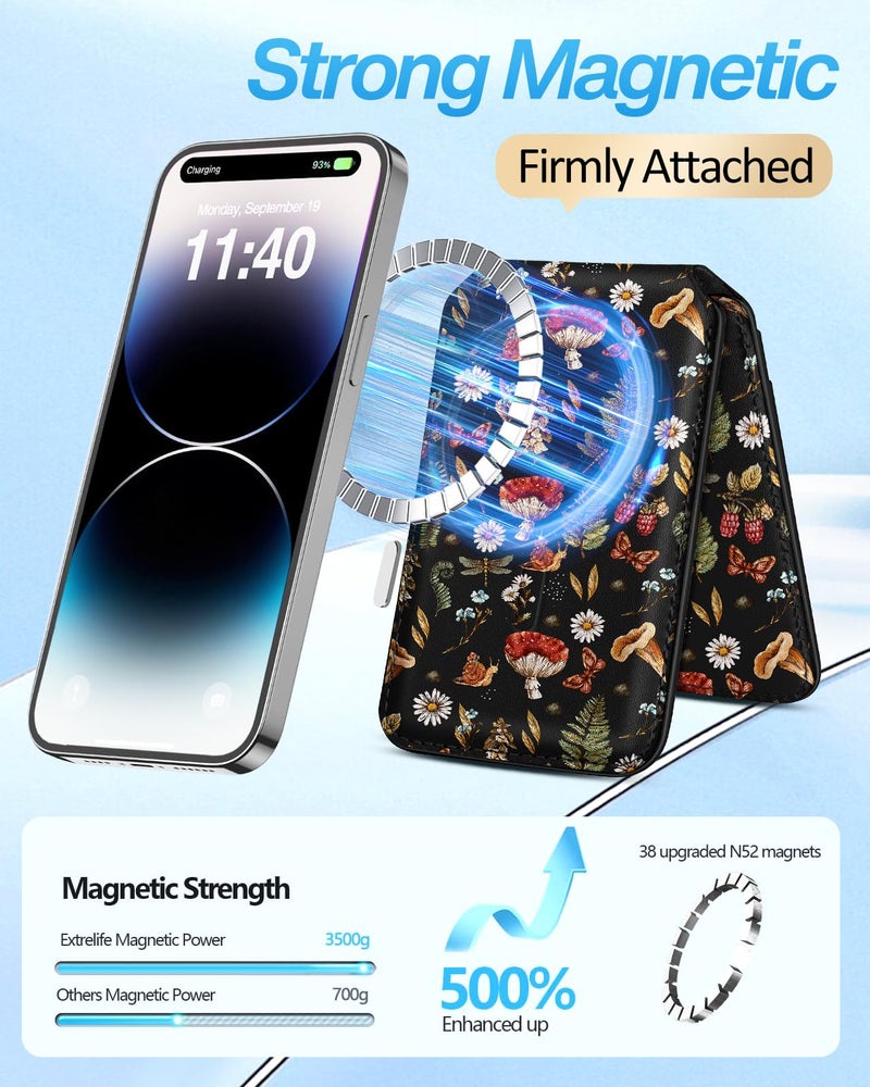 Shorogyt Compatible with Magsafe Wallet for Magnetic Fold Card Holder for Women - Cute Phone Wallet for iPhone 17/16/15/14/13/12 Series,RFID Blocking Stand Printed Leather Fit 4 Cards,Black Mogu - Image 3