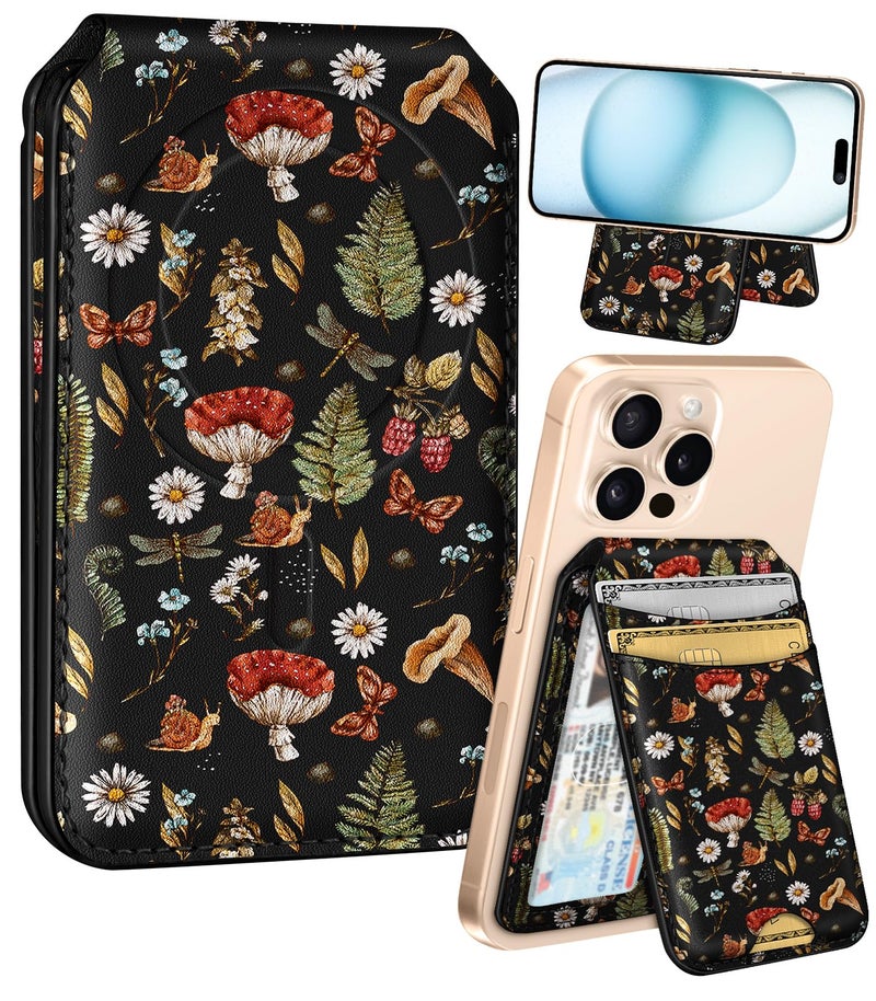 Shorogyt Compatible with Magsafe Wallet for Magnetic Fold Card Holder for Women - Cute Phone Wallet for iPhone 17/16/15/14/13/12 Series,RFID Blocking Stand Printed Leather Fit 4 Cards,Black Mogu - Image 1