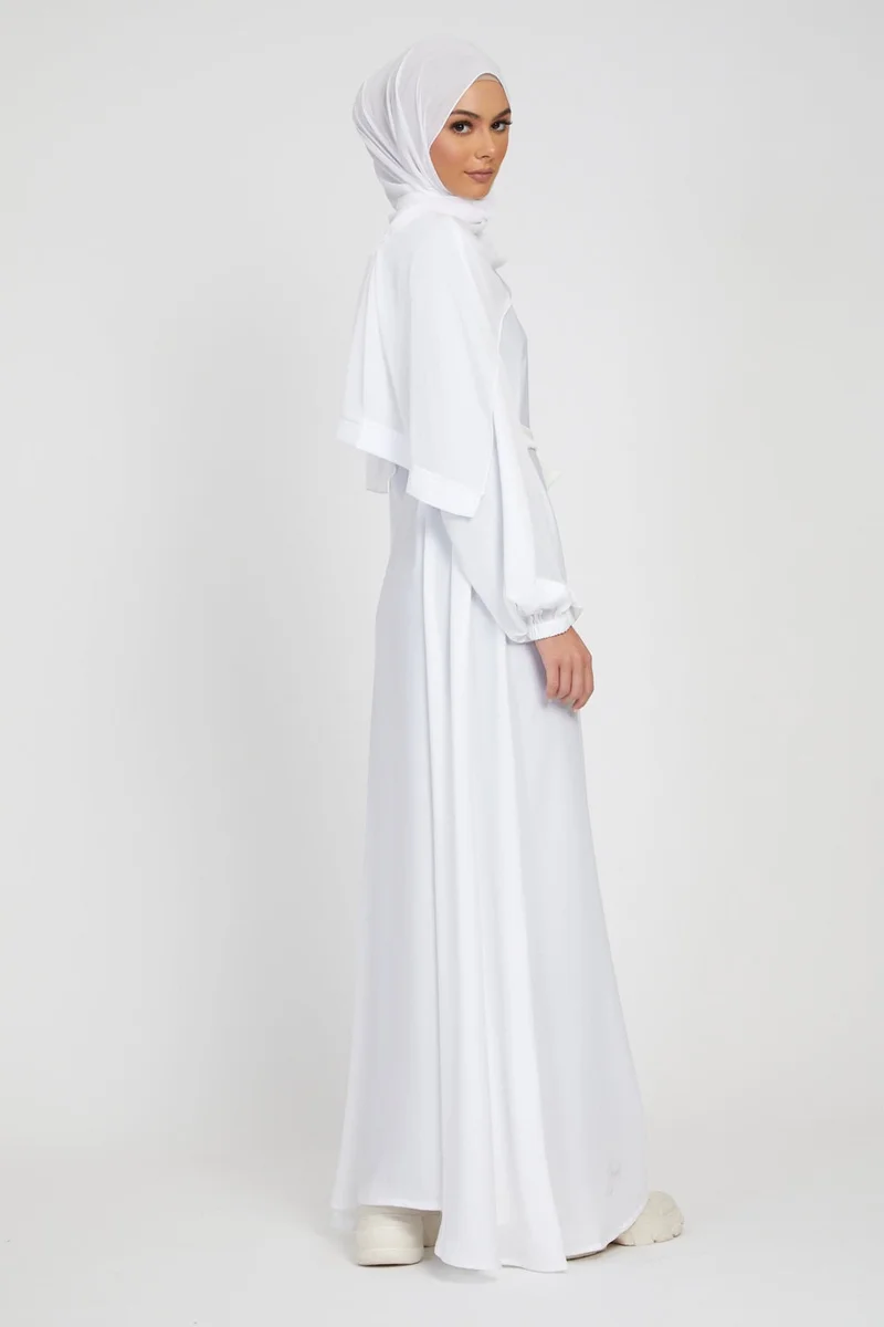 NUKHBAA Elegant White plain abaya wityh belt and Hijab-AB81