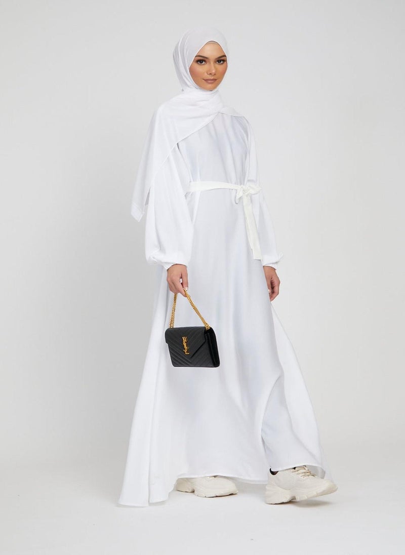 NUKHBAA Elegant White plain abaya wityh belt and Hijab-AB81  - Image 1