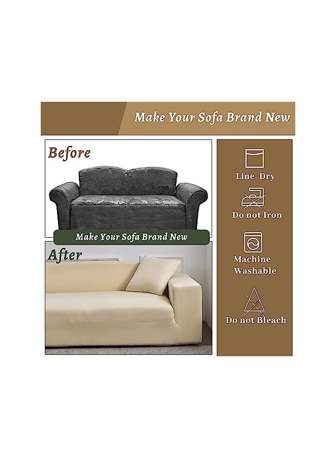 The Bros Stretch Sofa Slipcover, Elastic Fabric Fashion Printed Waterproof Armchair Loveseat Couch Living Room Sofa Covers Pet Protector Mat Cushion Cover with 1 Pillowcase(Beige, 4 seater,92" - 118") - Image 2