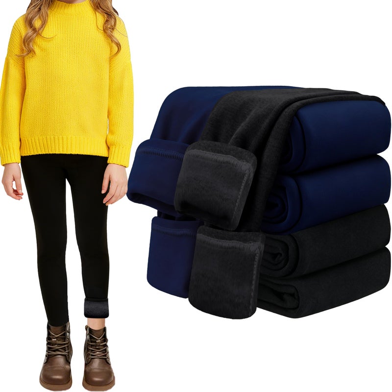 FEQO 2 Pack Girls Fleece Lined Leggings Thick Thermal Tights Full Length Pants Kids Winter Warm Leggings, 6-7 Years (Black, Navy Blue) - Image 1