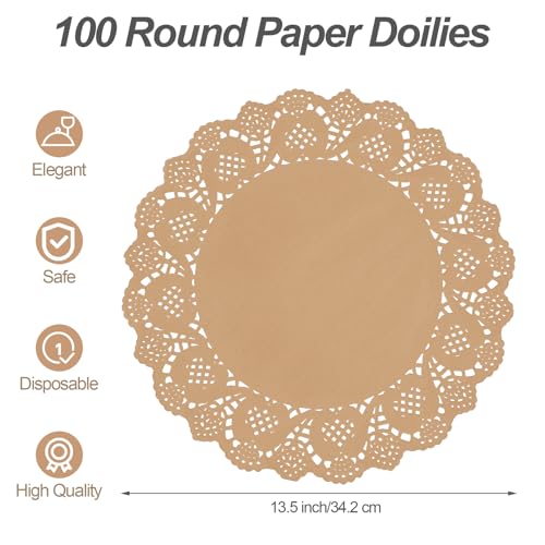MCEAST 100 Pack Round Brown Kraft Paper Doilies 13.5 Inches Lace Paper Place Mats Rustic Scallop Doily Disposable Table Pads for Food Cakes Crafts Party Weddings Tableware Decor - Image 2