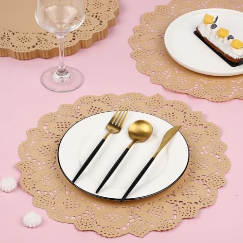 MCEAST 100 Pack Round Brown Kraft Paper Doilies 13.5 Inches Lace Paper Place Mats Rustic Scallop Doily Disposable Table Pads for Food Cakes Crafts Party Weddings Tableware Decor - Image 4