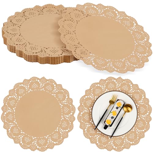 MCEAST 100 Pack Round Brown Kraft Paper Doilies 13.5 Inches Lace Paper Place Mats Rustic Scallop Doily Disposable Table Pads for Food Cakes Crafts Party Weddings Tableware Decor - Image 1