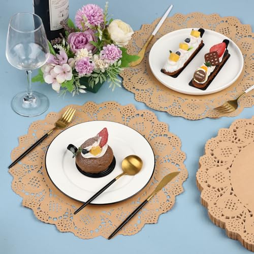 MCEAST 100 Pack Round Brown Kraft Paper Doilies 13.5 Inches Lace Paper Place Mats Rustic Scallop Doily Disposable Table Pads for Food Cakes Crafts Party Weddings Tableware Decor - Image 5