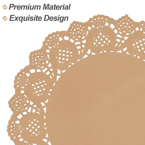 MCEAST 100 Pack Round Brown Kraft Paper Doilies 13.5 Inches Lace Paper Place Mats Rustic Scallop Doily Disposable Table Pads for Food Cakes Crafts Party Weddings Tableware Decor - Image 3