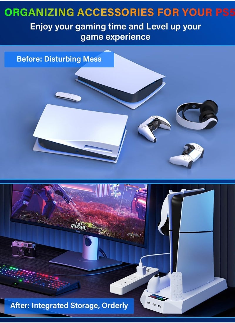 حامل PS5 / PS5 Pro / PS5 Slim ومحطة تبريد مع محطة شحن وحدة تحكم لوحدة التحكم الرقمية / القرصية القياسية من Playsation 5 Slim & ملحقات PS5 بما في ذلك شاحن وحدة التحكم ومروحة توربو و 3 منافذ USB وحامل سماعة الرأس