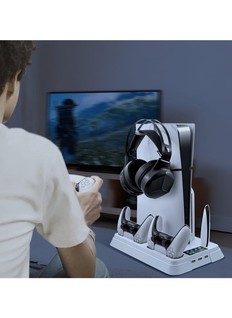 حامل PS5 / PS5 Pro / PS5 Slim ومحطة تبريد مع محطة شحن وحدة تحكم لوحدة التحكم الرقمية / القرصية القياسية من Playsation 5 Slim & ملحقات PS5 بما في ذلك شاحن وحدة التحكم ومروحة توربو و 3 منافذ USB وحامل سماعة الرأس