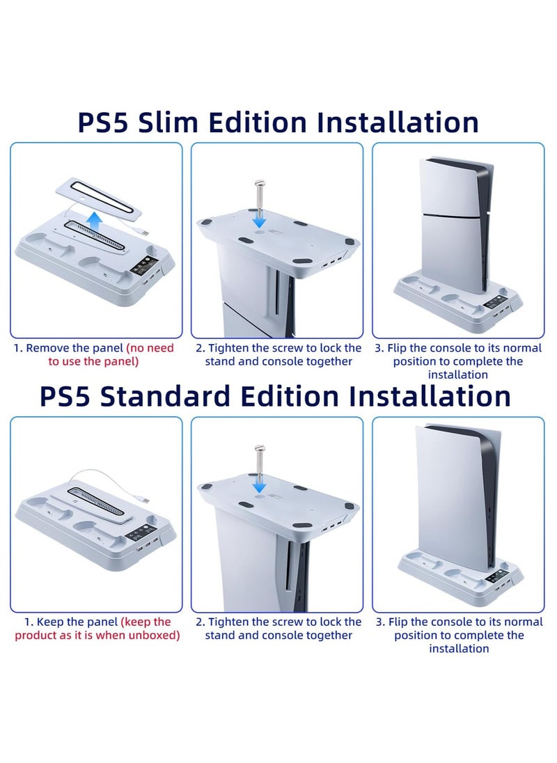 حامل PS5 / PS5 Pro / PS5 Slim ومحطة تبريد مع محطة شحن وحدة تحكم لوحدة التحكم الرقمية / القرصية القياسية من Playsation 5 Slim & ملحقات PS5 بما في ذلك شاحن وحدة التحكم ومروحة توربو و 3 منافذ USB وحامل سماعة الرأس