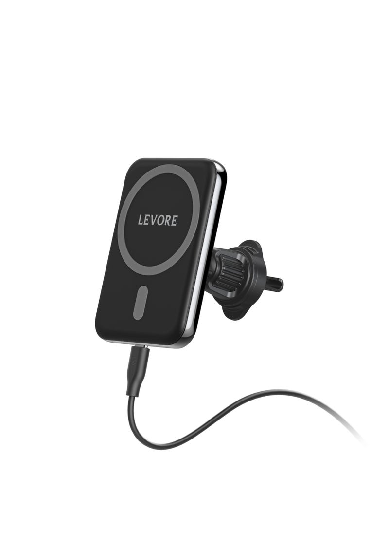 LEVORE - 15W Magnetic Wireless Car Charger Holder, MagSafe Fast Charging Airvent Mount - Black - Image 1