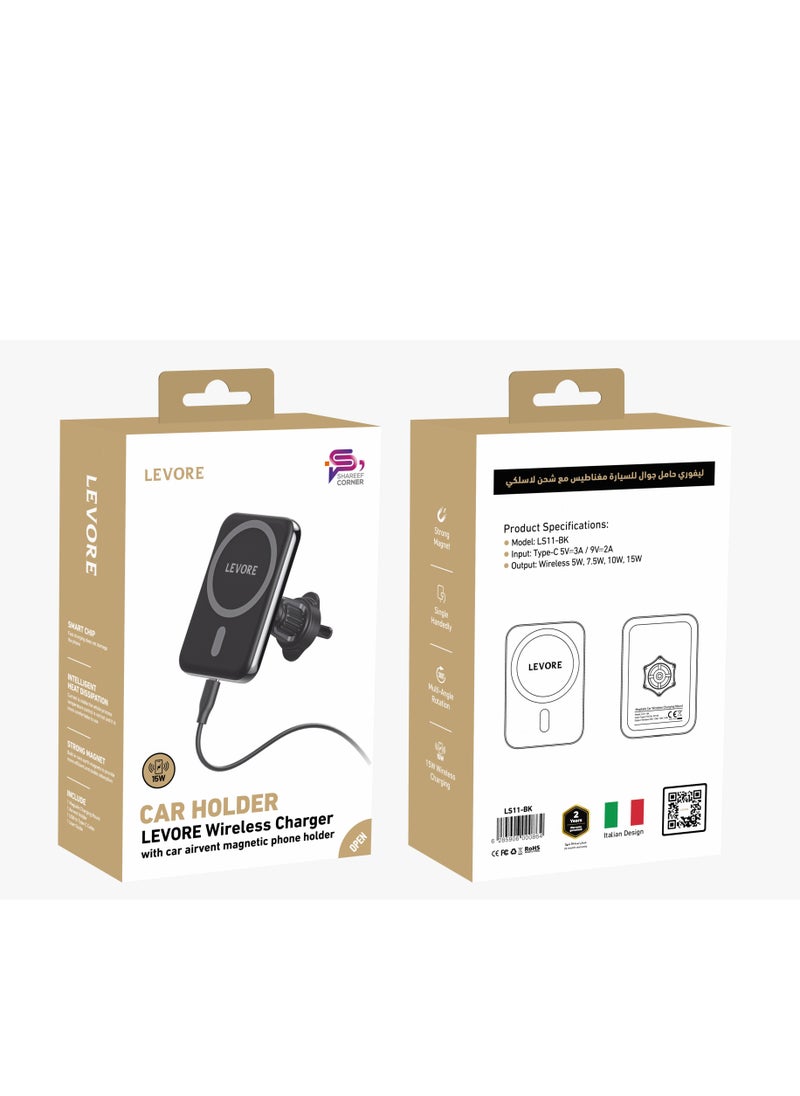 LEVORE - 15W Magnetic Wireless Car Charger Holder, MagSafe Fast Charging Airvent Mount - Black - Image 1