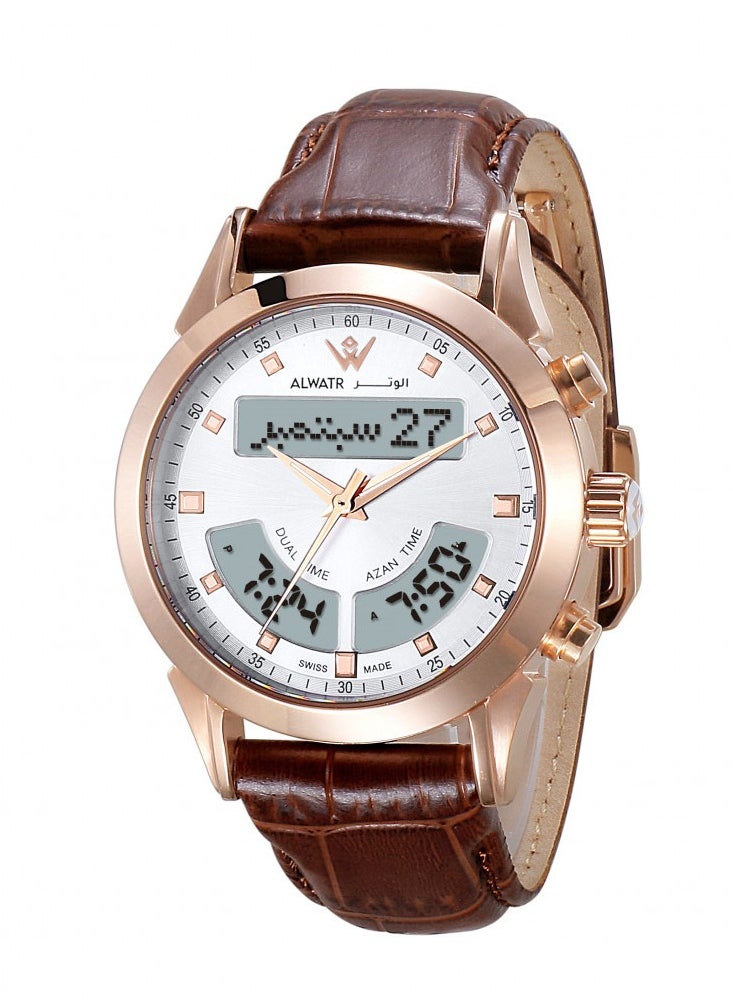 Luxury Genuine Leather Watch with Digital Dual Time and Hand with Steel Frame Islamic Watch that Displays the Times of the Call to Prayer the Direction of the Kaaba