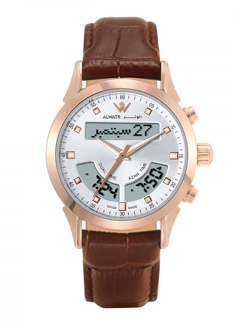Luxury Genuine Leather Watch with Digital Dual Time and Hand with Steel Frame Islamic Watch that Displays the Times of the Call to Prayer the Direction of the Kaaba