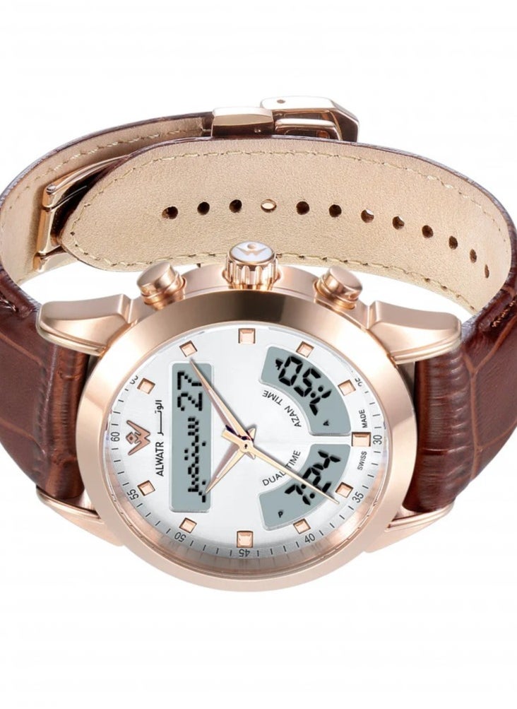 Luxury Genuine Leather Watch with Digital Dual Time and Hand with Steel Frame Islamic Watch that Displays the Times of the Call to Prayer the Direction of the Kaaba