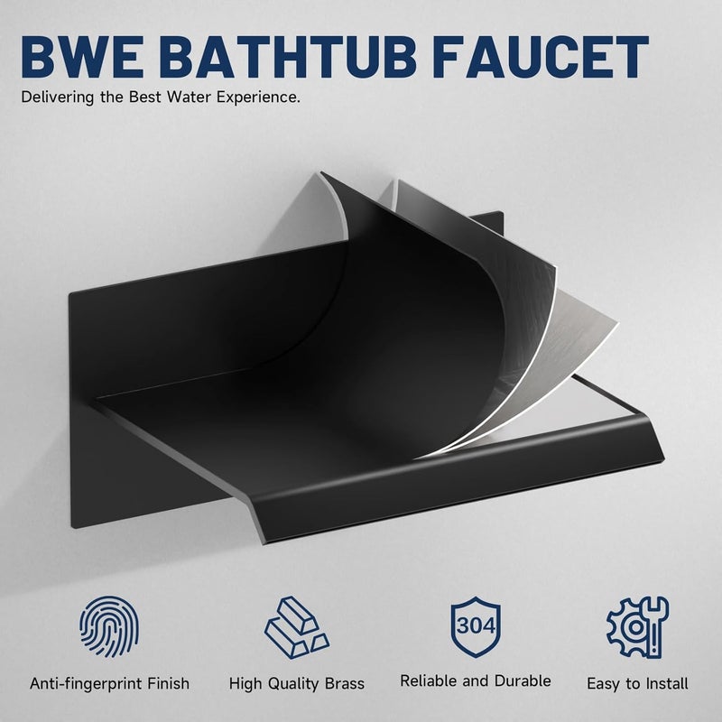 BWE Wall Mount Bathtub Faucet Matte Black Single Handle Bathtub Faucet with Rough in Valve High Flow Waterfall Tub Spout - Image 5