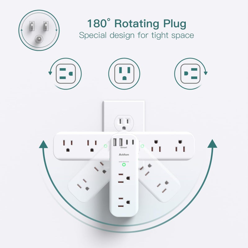 Addtam Surge Protector Wall Outlet Extender, Multi Plug Outlet with Rotating Plug, 6 AC Outlets 4 USB Ports (2 USB C), 1800J, 3-Side Power Strip Wall Mount, Outlet Splitter for College Dorm Travel Essentials - Image 3