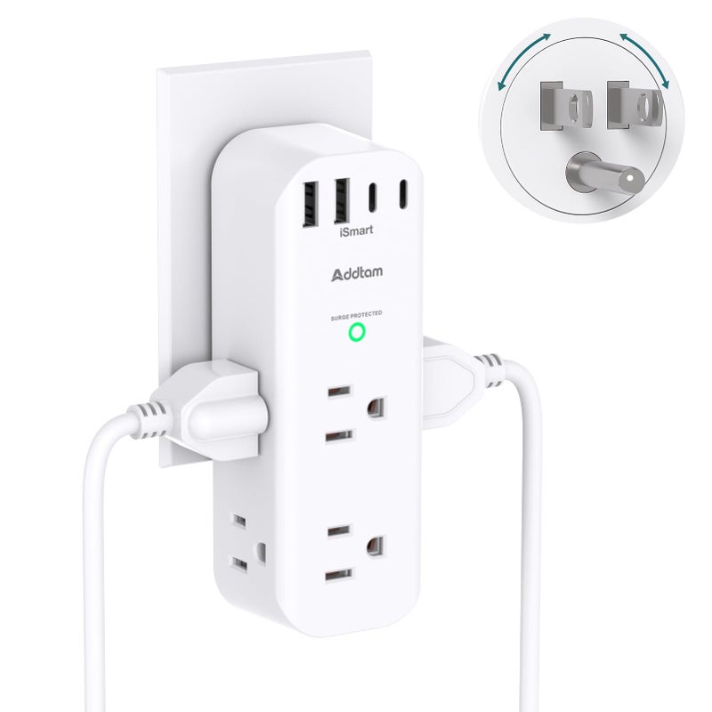 Addtam Surge Protector Wall Outlet Extender, Multi Plug Outlet with Rotating Plug, 6 AC Outlets 4 USB Ports (2 USB C), 1800J, 3-Side Power Strip Wall Mount, Outlet Splitter for College Dorm Travel Essentials - Image 1