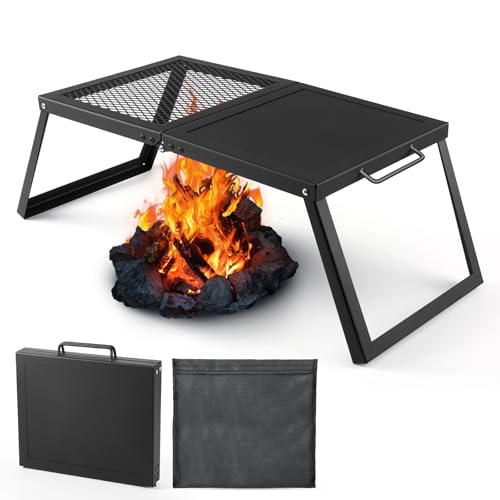 Odoland Folding Campfire Grill, Heavy Duty Steel Mesh Grate with Folding Legs and Storage Bag, Portable Camping Grates, Over Fire Pit Grill Rack for Outdoor Cooking and Bonfire - Image 1