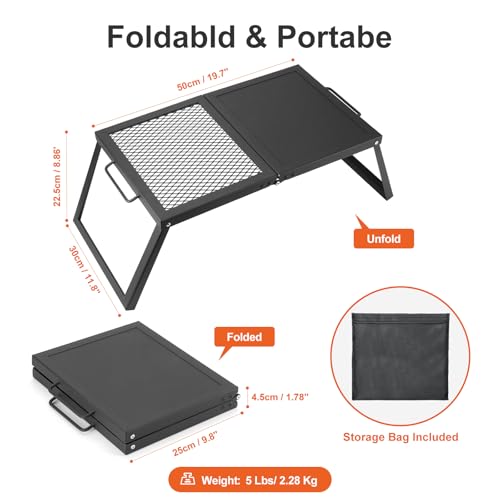 Odoland Folding Campfire Grill, Heavy Duty Steel Mesh Grate with Folding Legs and Storage Bag, Portable Camping Grates, Over Fire Pit Grill Rack for Outdoor Cooking and Bonfire - Image 2
