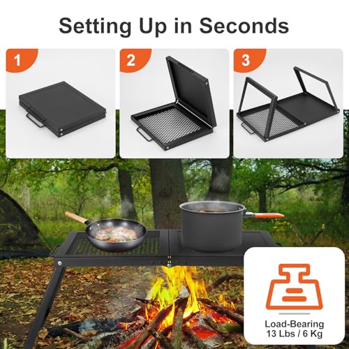 Odoland Folding Campfire Grill, Heavy Duty Steel Mesh Grate with Folding Legs and Storage Bag, Portable Camping Grates, Over Fire Pit Grill Rack for Outdoor Cooking and Bonfire - Image 4