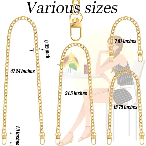Yuronam 4 Different Sizes Flat Purse Chain Iron Bag Link Chains Shoulder Straps Chains with Metal Buckles Hook for Replacement, DIY Handbags Crafts, 47.2/31.5/15.7/7.9 Inches(Gold) - Image 2
