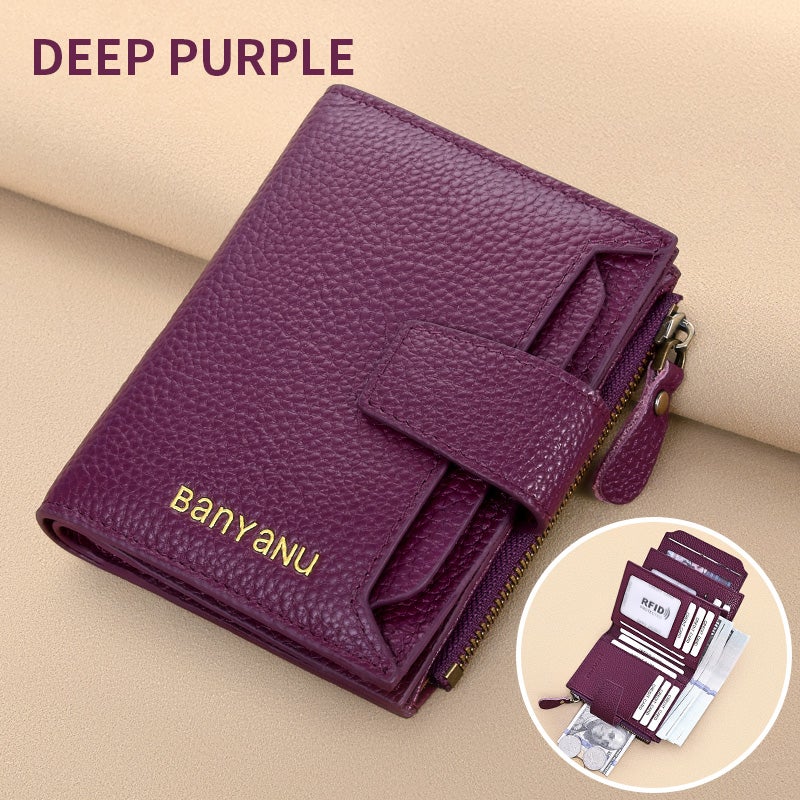 banyanu Small And Exquisite Women'S Wallets, Rfid Anti-Theft Genuine Leather Bi-Fold Wallets, With Id Card Window (Dark Purple) - Image 1
